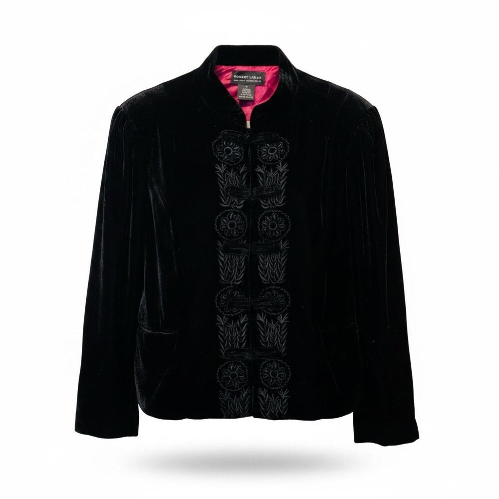 Vintage Robert Louis XL Black Velvet Blazer Embroidered Puff Shoulder